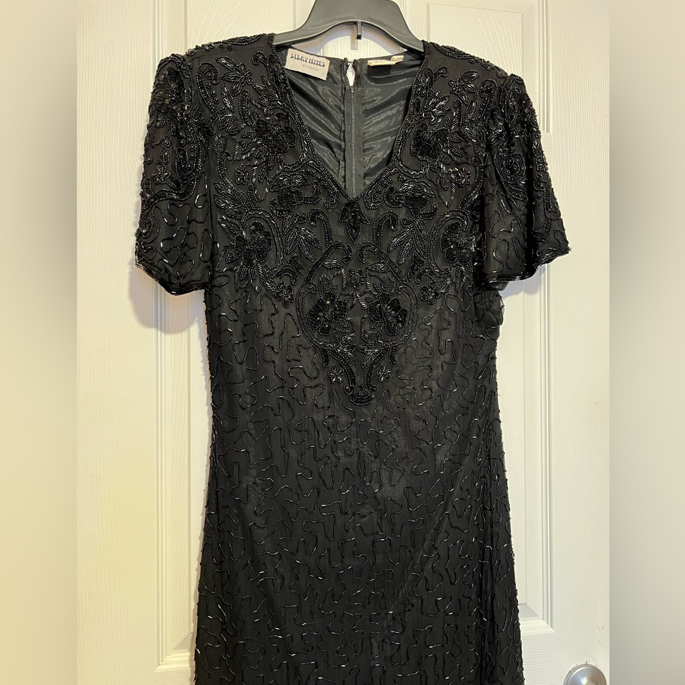 VTG 80s Silky Nites by Cherish 100% Silk Black All Over Beaded Cocktail Dress L